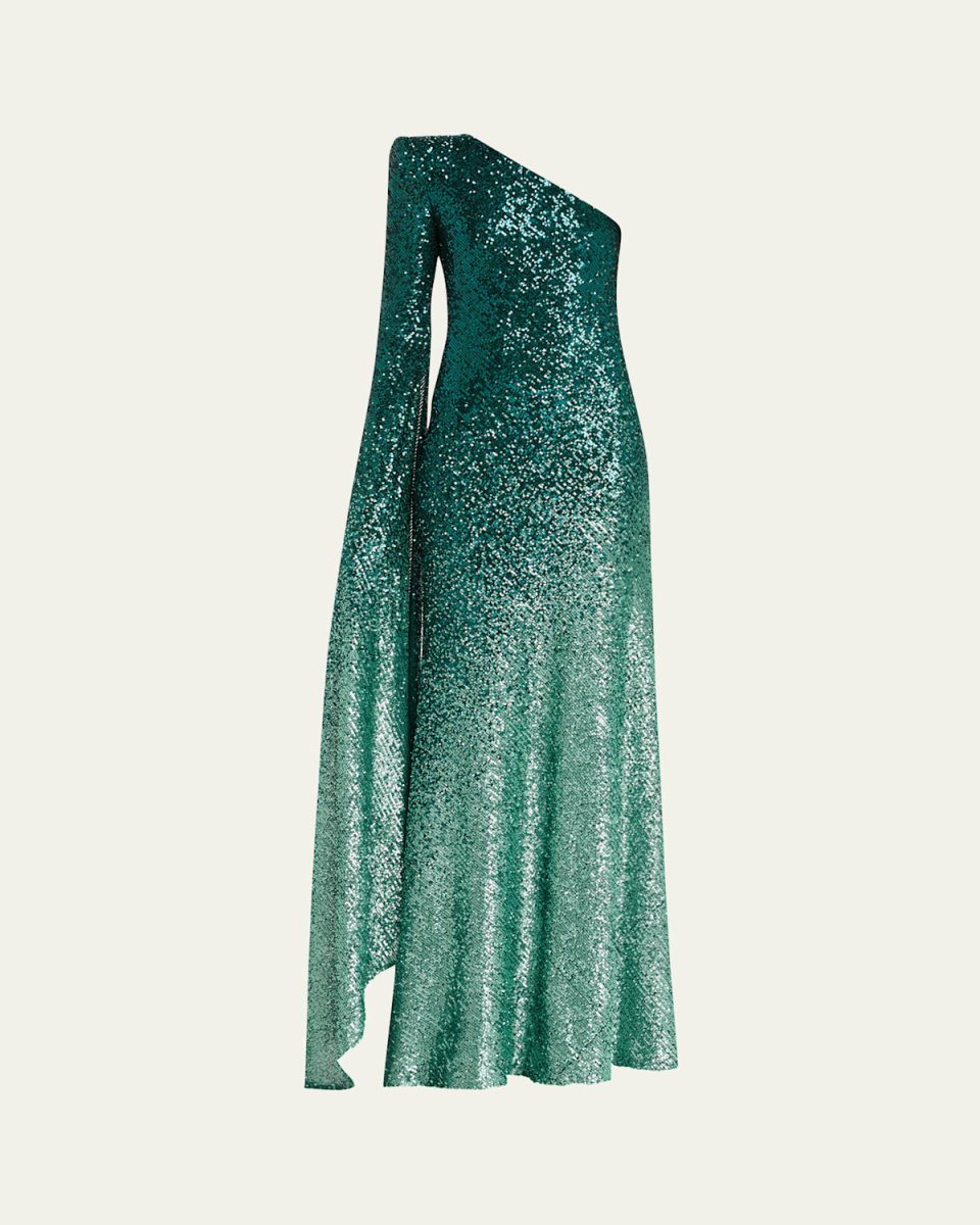 Ombre Sequined One-Shoulder Cascading Sleeve Gown